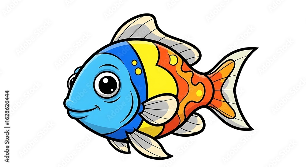 Naklejka premium A charming cartoon fish with a vibrant, multicolored body. This cheerful aquatic illustration is perfect for children's designs.