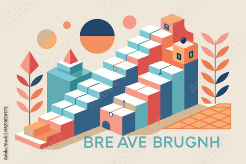 Abstract isometric cityscape and geometric composition with colorful elements suitable for diverse design applications
