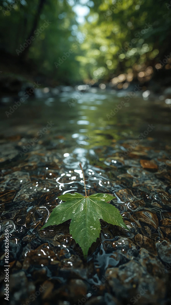 Fototapeta premium Green Leaf Floating in a Clear Stream in the Forest