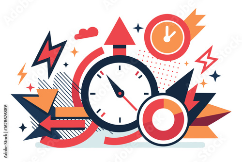 Abstract time management composition with clocks, arrows, and geometric elements for design projects