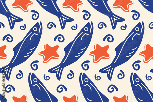 Mediterranean Sardines and starfish. La dolce vita color seamless pattern. Doodles mackerel and sea star. Hand drawn Seafood  for print, wall art, interior decor, menus, cafe, restaurant. Vector