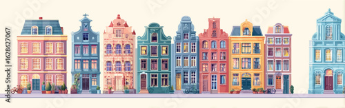 Row of Colorful Old European Buildings Illustration with Bicycles and Potted Plants Representing Charming City Architecture