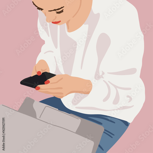 Professional Business Woman Typing on Smartphone Reading and Working in a Laptop Computer. Tech Job Digital Market Research Analyst Startup Company