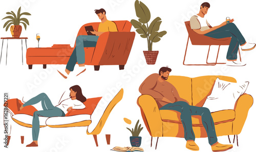 Relaxing at Home A Collection of People Lounging on Furniture Amidst Plants and Leisurely Activities in a Stylized Illustration