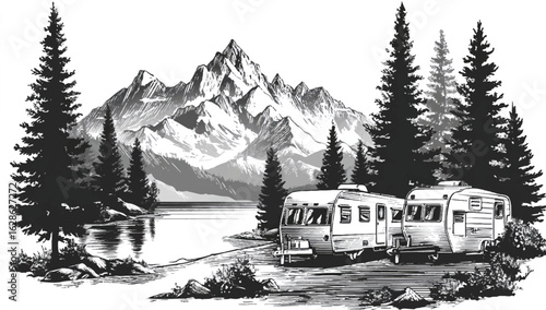 Serene campsite with campers and majestic mountain views digital artwork perfect for travel and outdoor adventure themes