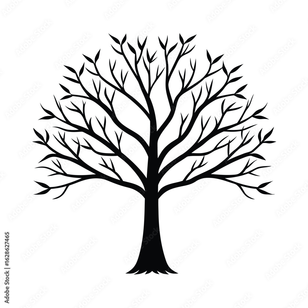 Obraz premium Tree silhouette vector illustration. Black vector silhouette of a tree with leaves isolated on white background. Vector tree logo. 