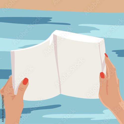 Young Girl Hands Holding a Blank Open Book with Beach Sea Background, Lifestyle and School Concept. Banner Background