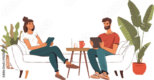 Digital Era Counseling A Man and Woman Engage in a Telehealth Session on a Comfortable White Couch