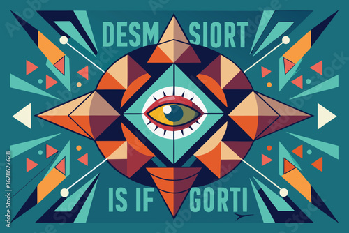 Geometric eye composition with abstract shapes and textual elements displayed on a teal background