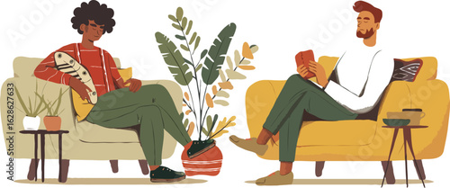 Cozy Companions Reading and Relaxing in Comfortable Living Room