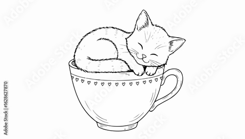 Cute kitten sleeping in a teacup illustration on white background
