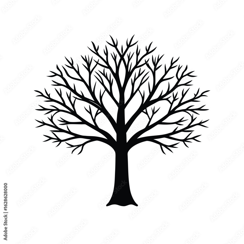 Obraz premium Tree silhouette vector illustration. Black vector silhouette of a tree with leaves isolated on white background. Vector tree logo. 