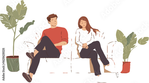 Stylized Illustration of a Couple Sitting on a Couch with Potted Plants, Expressing Discomfort, Misunderstanding, or Tension