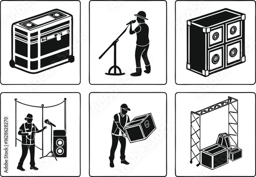 Collection of music performance equipment and musicians isolated on transparent background