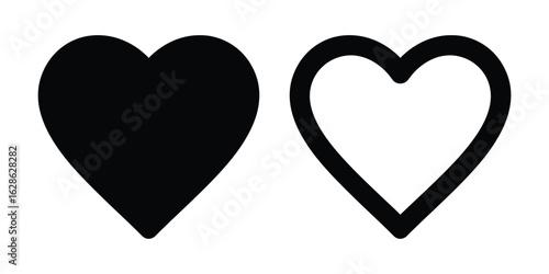 Vector art of two hearts, one solid black and one outlined, isolated on white background
