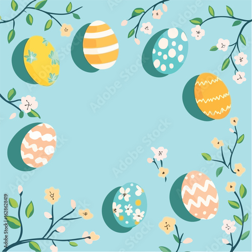 Vibrant Easter eggs with flowers and bran