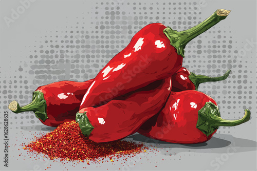 Spicy Red Chili Peppers Still Life Illustration with Ground Pepper Texture and Vibrant Colors for Culinary Design Projects
