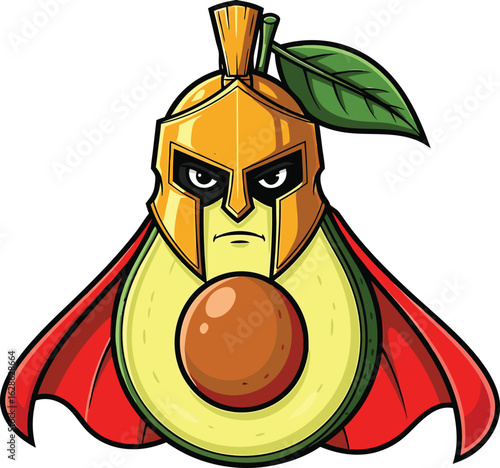 Avocado warrior in golden helmet and red cape with determined expression vector illustration