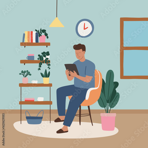 Young Man Looking at Tablet at Home Interior Background