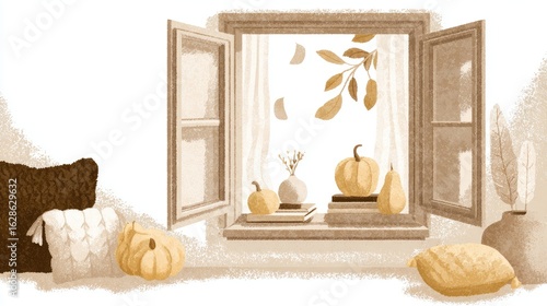 an open window with autumn leaves outside and pumpkins on the windowsill