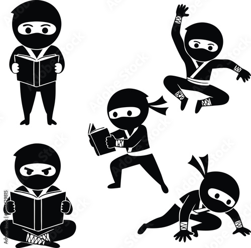 Five Cartoon Ninjas In Various Poses Reading And Jumping character book