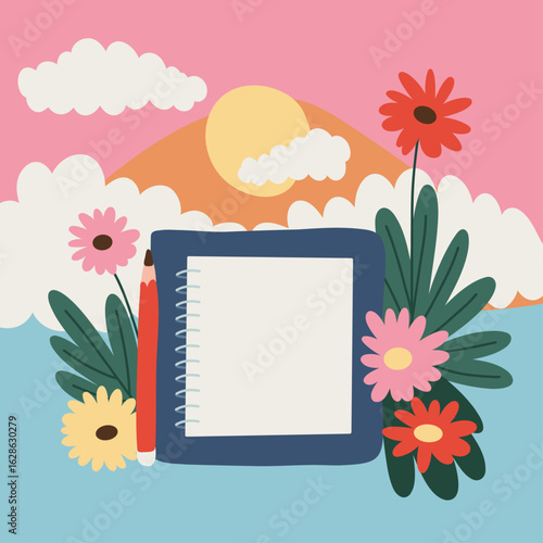 Colourful Workspace Desk with Blank Open Notepad and Pencil on a Floral Background with Clouds and Sun