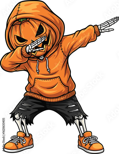 Halloween pumpkin character doing the dab dance on white background jack-o-lantern skeleton