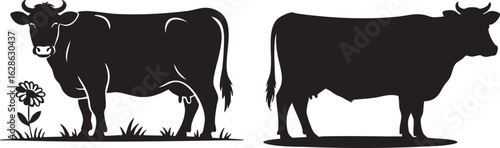 Two black cow silhouettes grazing near flower dairy farm animal illustration vector graphic design for print