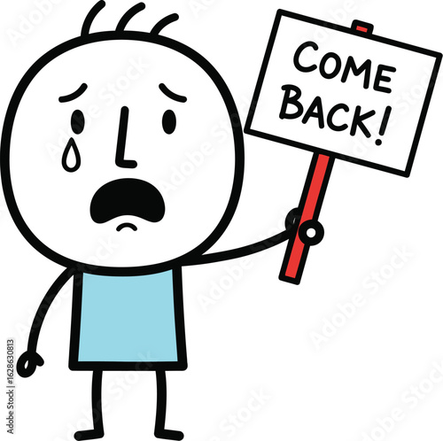 Sad cartoon man holding come back sign vector illustration