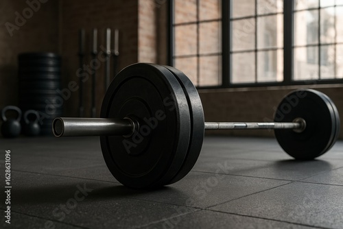  Realistic photo of a loaded Olympic barbell with black bumper plates lying on a rubber gym mat, ready for deadlifts. Industrial-style gym interior with natural light and fitness equipment in the back