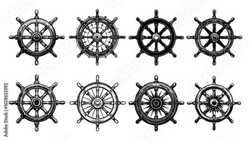 Variety of Ship Steering Wheels in Black and White Nautical Navigation and Maritime History for Design Projects