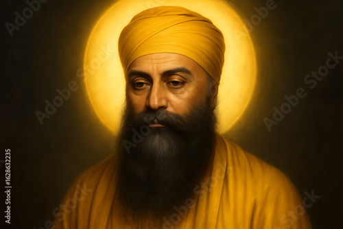 Spiritual sikh guru portrait with glowing yellow aura, traditional turban and serene expression