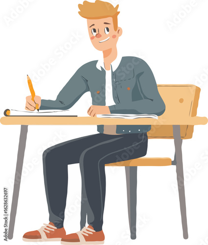 Attentive Student Engaged in Writing on Notebook Sitting at a Wooden School Desk with a Pen in Hand Illustration