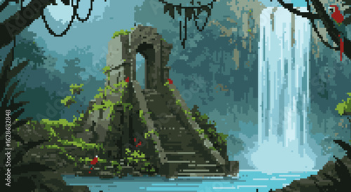 Ancient Ruins Beside a Serene Waterfall