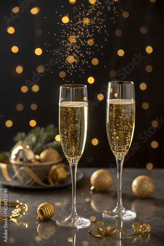 Two glasses of sparkling champagne on table with reflection, golden bokeh, holiday, greeting, congratulations, golden particles