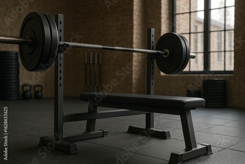  Realistic photo of a flat bench press station with a loaded Olympic barbell in an industrial-style gym. Features a black padded bench, rubber flooring, and background gym equipment bathed in daylight