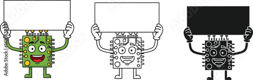 Cartoon circuit board character holding blank sign illustration
