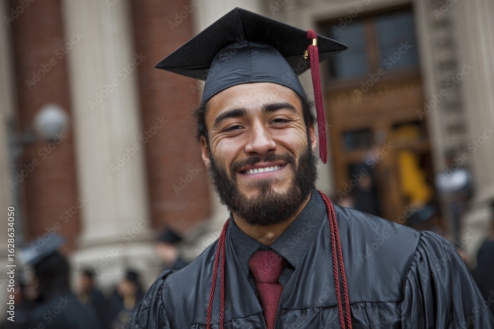 Fototapeta premium Student celebrates graduation in front of historic building on university campus during ceremony in spring