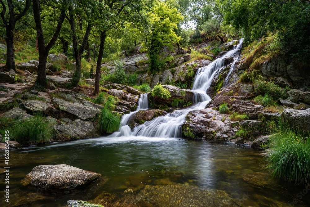 Scenic view of a tranquil waterfall flowing over mossy rocks into a natural pool, surrounded by vibrant green forest and rugged terrain. A peaceful nature scene ideal for themes of relaxation, outdoor Scenic view of a tranquil waterfall flowing over mossy rocks into a natural pool, surrounded by vibrant green forest and rugged terrain. A peaceful nature scene ideal for themes of relaxation, outdoor