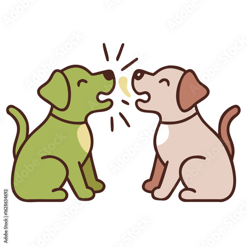 Two dogs barking at each other with playful expressions  