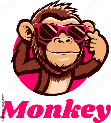 Cool Monkey Cartoon – Brown Primate with Pink Sunglasses and Bold Text in Playful Vector Style