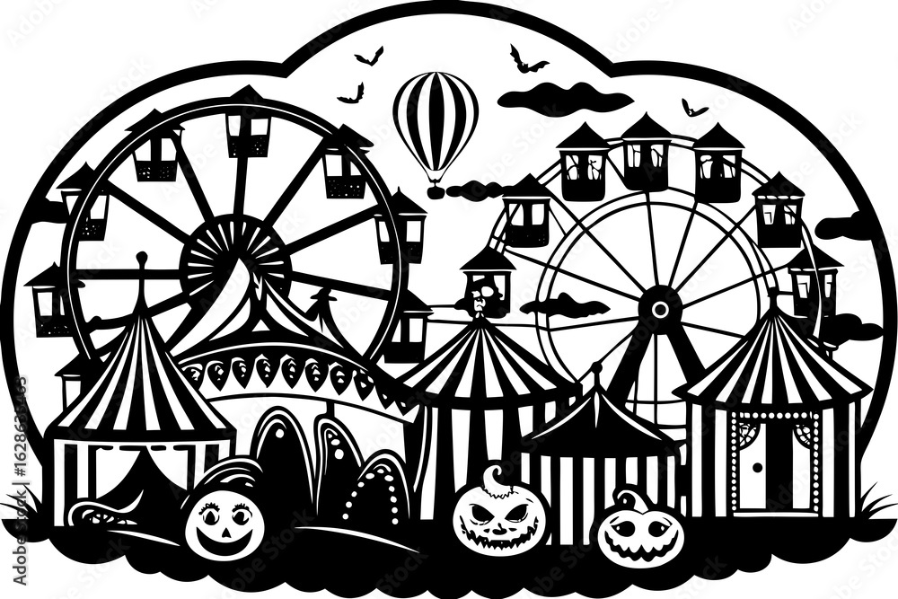 Naklejka premium A spooky carnival with haunted rides in the background vector illustration