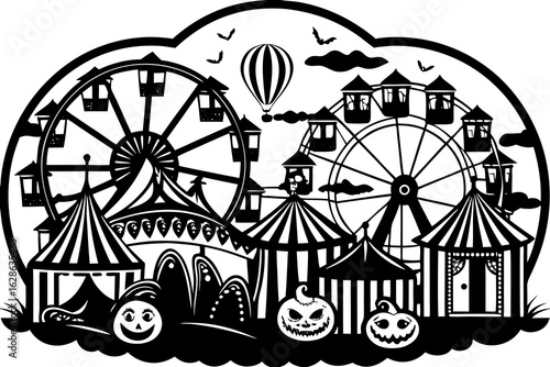 A spooky carnival with haunted rides in the background vector illustration
