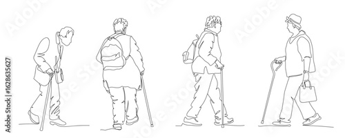Senior people with walking canes. Set of 4 elderly men and women. Side view. Linear drawing. Vector illustration in line art style.