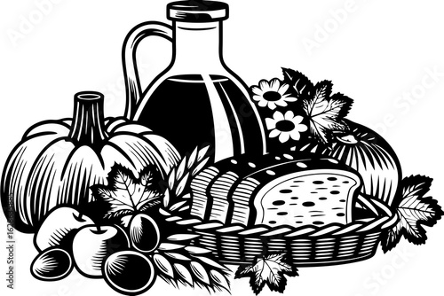 A farmhouse table with apple cider fresh bread and fall decor vector illustration