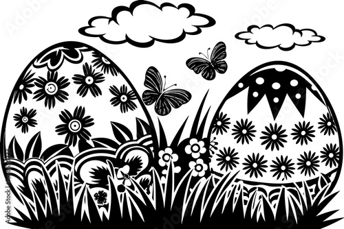 A pastel spring meadow with hidden colorful Easter eggs vector illustration