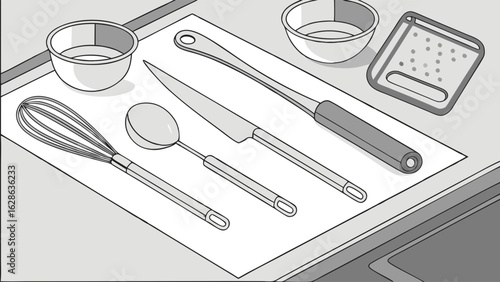 Kitchen cooking and baking utensils, bowls, and grater on counter. Home kitchen tools collection.