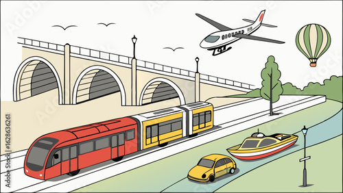 Different modes of transportation including car, train, boat, airplane, and hot air balloon. Travel and logistics.