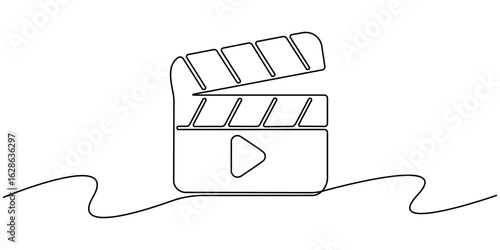 Continuous one line drawing of movie clapperboard. One line drawing illustration of national cinema day. Cinema, Film producer equipment concept line art. 