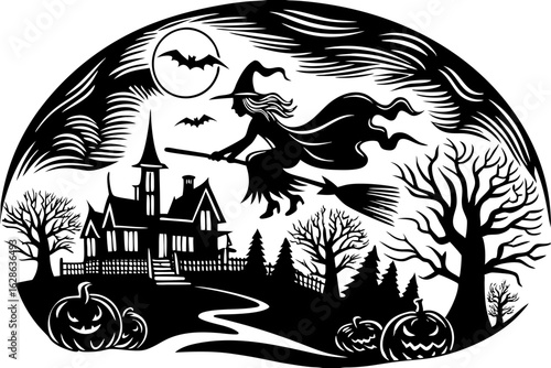 A witch flying over a creepy village under the moonlight vector illustration